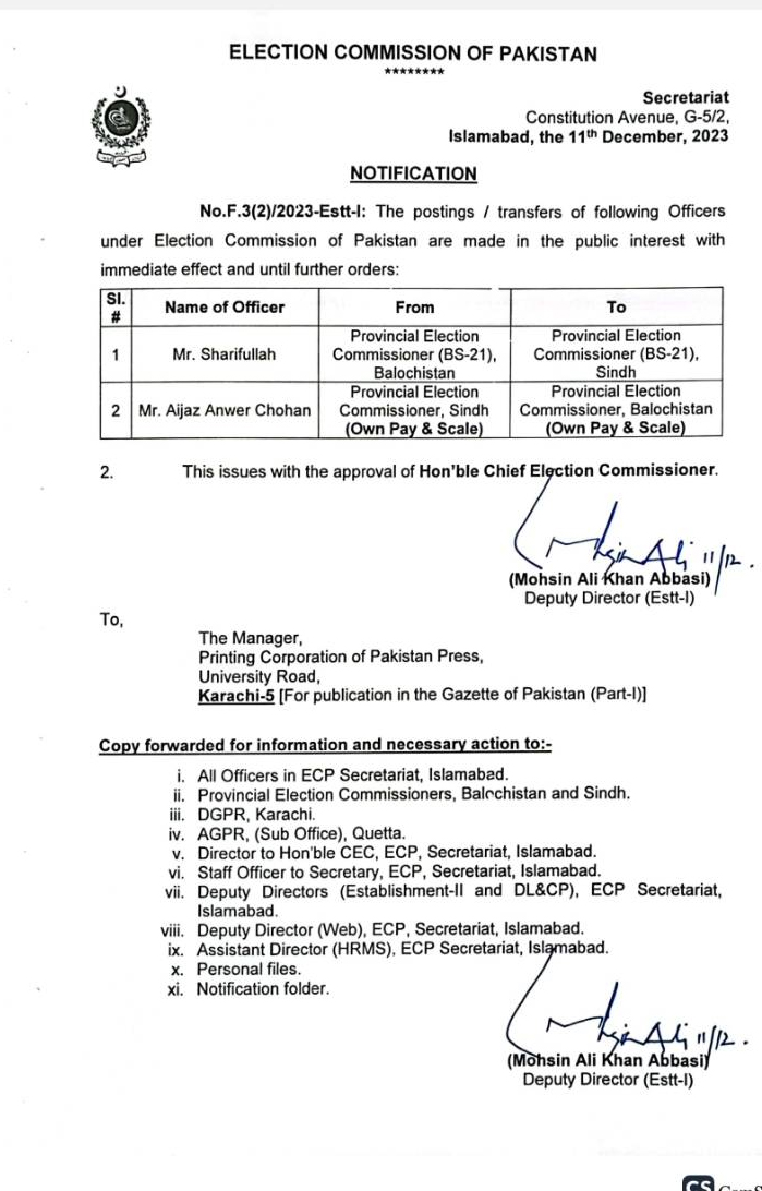 الیکشن کمیشن نے صوبائی الیکشن کمشنر سندھ اور بلوچستان کا تبادلہ کردیا