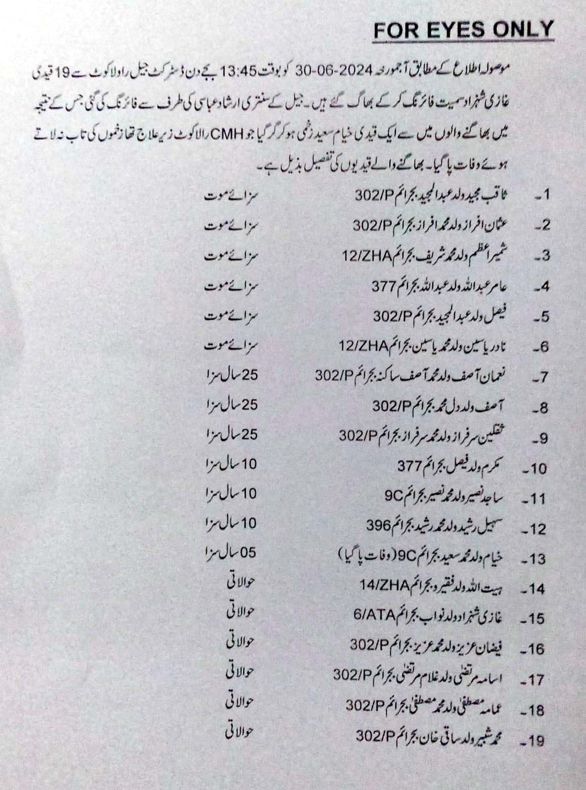 راولاکوٹ،ڈسٹر کٹ جیل سے 19 قیدی فرار، ایک ہلاک