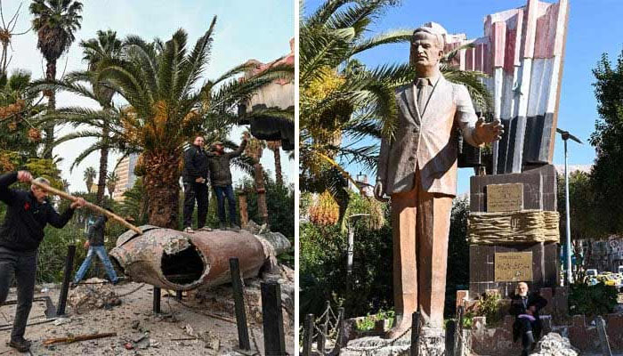 بشار الاسد کے والد  کا مجسمہ بھی زمین بوس  